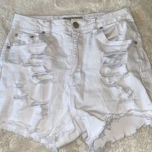 Distressed white high waisted denim shorts